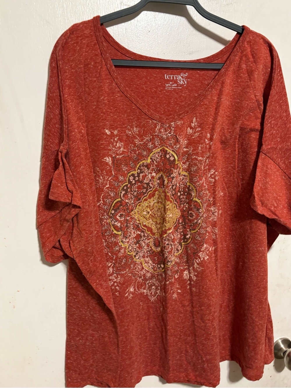 Terra & Sky Rust Red Short-Sleeve V-Neck Top with Medallion Print